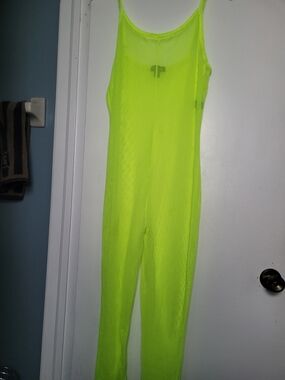 Neon Yellow Mesh Jumpsuit Beach Cover - Bold Sheer Festival Piece